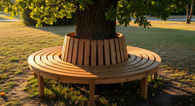 Circular wooden bench harmonious, encircling tree trunk against grassy sunlit backdrop