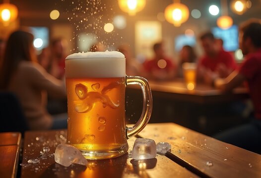 Overflowing Beer Foam Mug Sports Pub Lively Cheers Celebration Crowd Ambiance