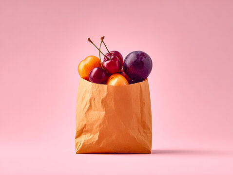 A paper bag filled with various fruits including cherries, plums, and apples against a pink background, promoting healthy eating.