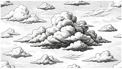Fototapeta premium Cloud and cloudiness vintage sketches. Vector hand drawn sky of ancient engraved fluffy clouds, antique map elements