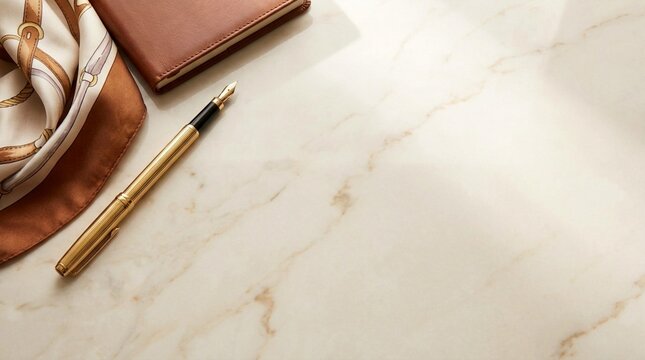 Luxury golden fountain pen resting on a marble surface next to a silk scarf and a leather notebook