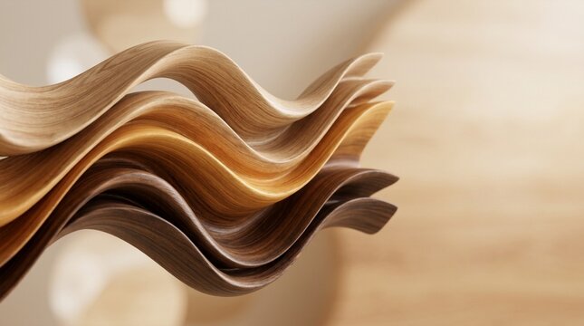 Abstract wavy layers of wood veneer samples showcasing different shades and textures in warm lighting