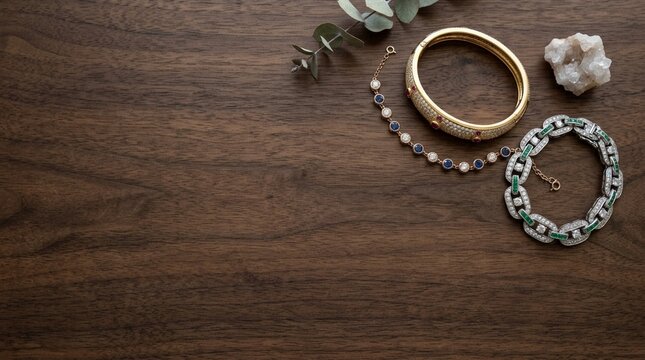 Luxury diamond and emerald bracelets collection displayed on a rustic wooden background with eucalyptus leaves and a crystal
