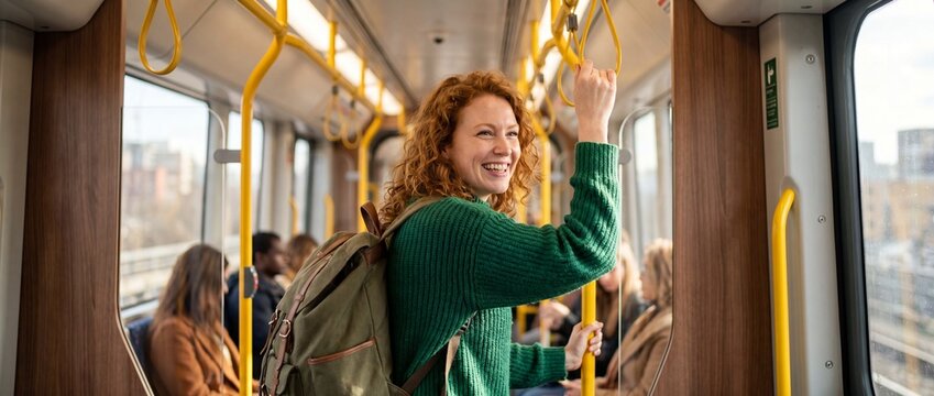 Happy young woman holding a yellow handrail on a public commuter train with passengers in background