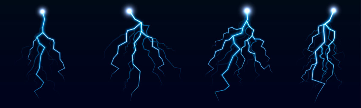 Multiple lightning bolts crisscross the night sky, illuminating clouds with intense electric energy. Sparks fly wildly. Thunder rumbles in the distance.
