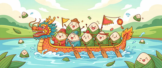 Fototapeta premium Cute cartoon dragon boat racing with zongzi for traditional Chinese Dragon Boat Festival
