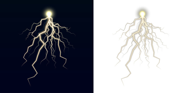 A dramatic PNG lightning bolt splits the storm clouds, creating a network of blue energy arcs. Sparks fly across the dark landscape. Thunder echoes softly.