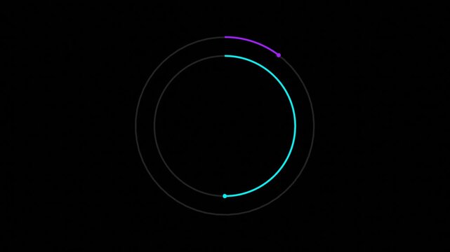 Circular timer animation with cyan rotating arc and purple indicator on double ring dark background