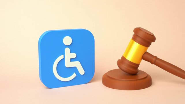 Symbol of a person with a disability and a judge's gavel. Court decision on granting or revoking disability status. Benefits and rights under new laws, legal review and social protection mechanisms