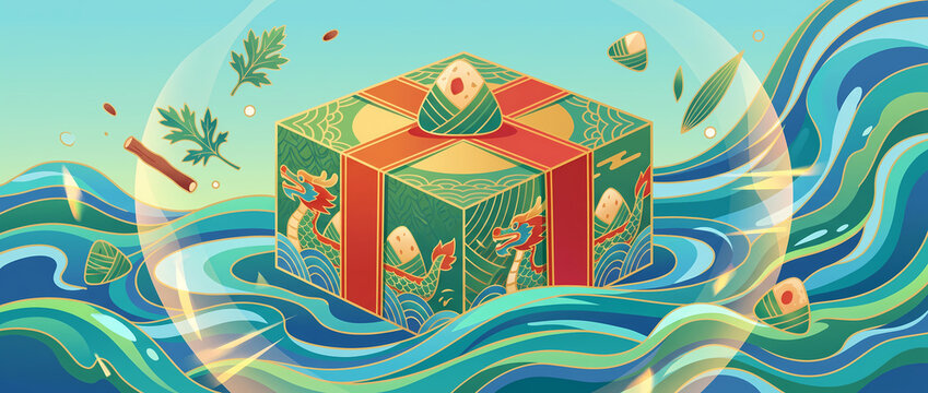 Dragon Boat Festival gift box with zongzi in Chinese trendy style illustration
