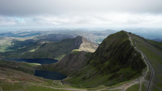 Aerial View of Snowdon Summit Ridge and Mountain Lakes in Snowdonia National Park