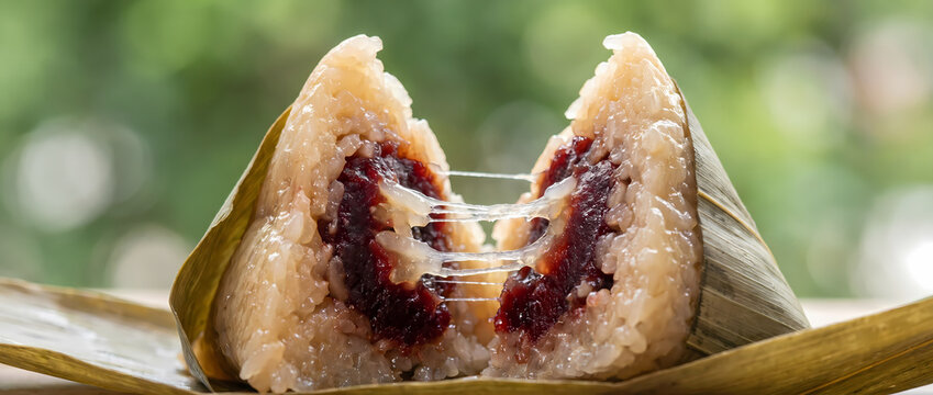 Close-up of sticky rice zongzi cut open revealing red date filling and stretchy texture