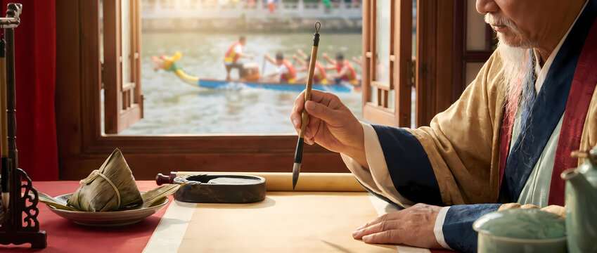 Elderly man practicing calligraphy with brush during Dragon Boat Festival