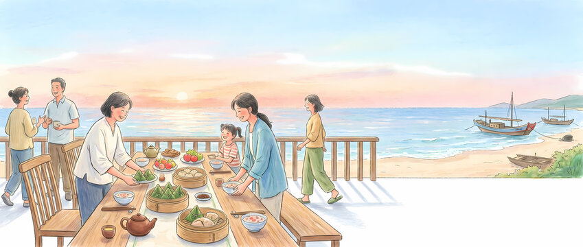 family gathering for reunion dinner on seaside terrace at sunset