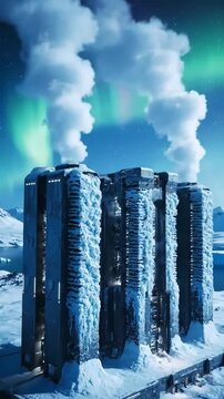 Massive AI facility with frost covered cooling fins in arctic winter - Data center building surviving extreme sub-zero temperatures
