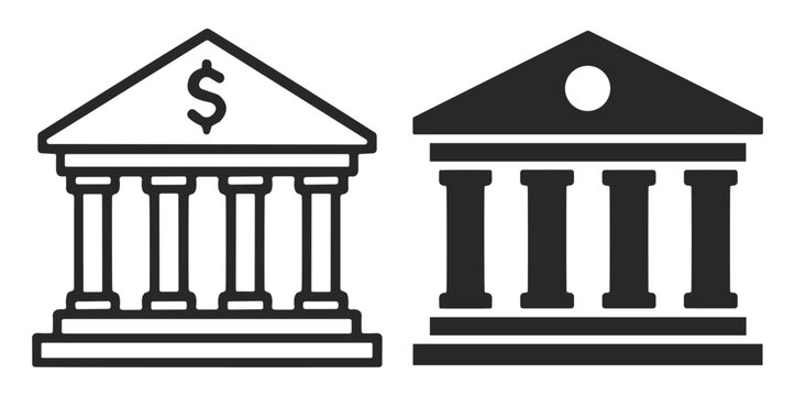 Set of black and white line art bank and courthouse building icons with columns and triangular pediments on transparent background