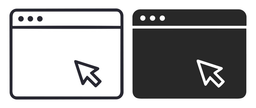 Set of two browser window icons with mouse cursor pointers in light and dark mode styles on transparent background