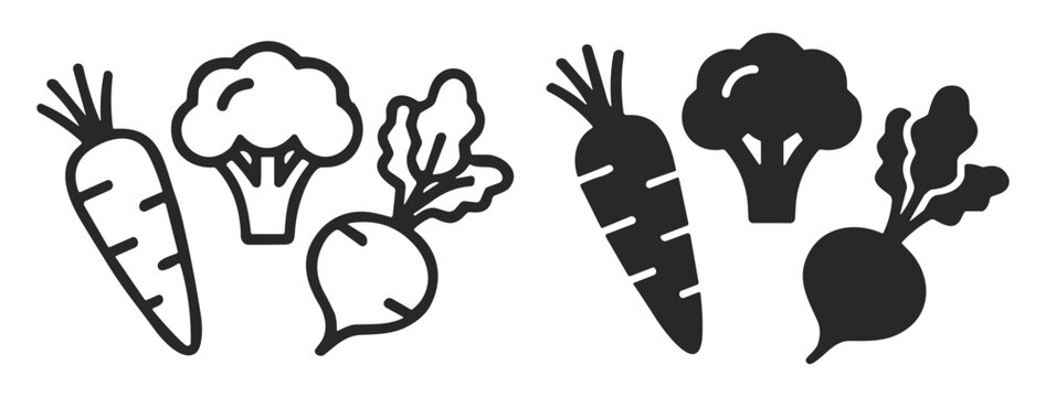 Black and white line and silhouette icons of carrot, broccoli, and beetroot vegetables on transparent background