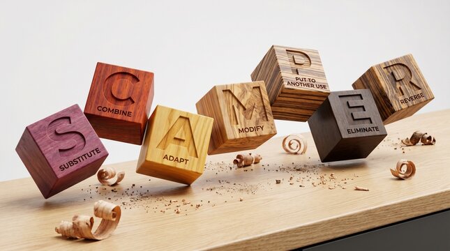 SCAMPER brainstorming technique concept represented by seven dynamic wooden blocks tumbling across a wooden surface with shavings