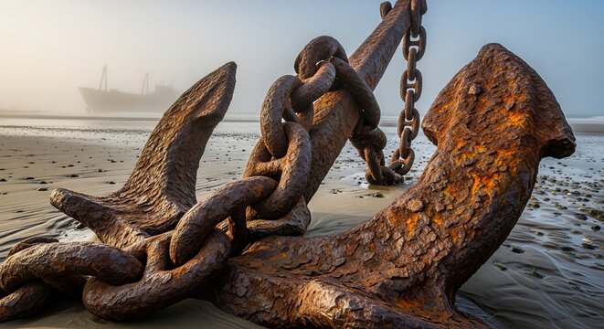 A giant old rusty metal ship anchor with big chains lying down on a wet sandy beach with a faint ship visible in the background fog