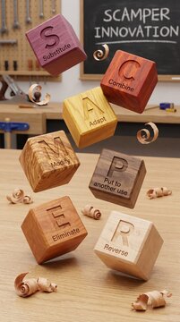 SCAMPER brainstorming technique concept represented by seven dynamic wooden blocks tumbling across a wooden surface with shavings. 9:16 vertical image