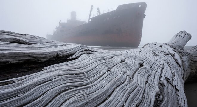 A close-up shot of a textured old grey wooden log or driftwood lying on the beach sand with a giant rusty ship blurry in the deep fog behind it.
