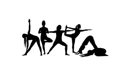 Fototapeta premium Group of People Practicing Yoga Poses Silhouettes on White Background Vector Illustration