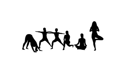 Obraz premium Group of People Practicing Various Yoga Poses Silhouettes on White Background