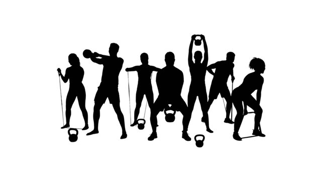 Group of People Exercising with Kettlebells in Silhouette Fitness Workout Illustration