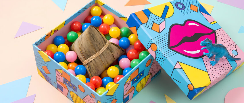 Colorful pop art gift box filled with zongzi and candies featuring lips and dinosaur pattern