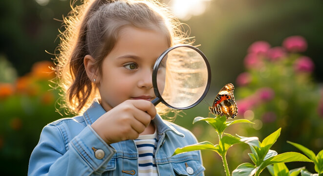 Child exploring butterfly with magnifying glass in garden