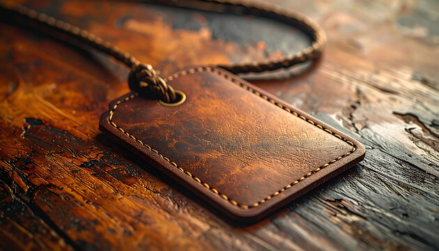 A worn leather tag with a braided cord lies on a textured wooden surface, rustic and vintage aesthetic