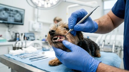 Veterinarian examining dog teeth in dental clinic. Professional veterinary dentist cleaning pet mouth with specialized tool. Animal oral healthcare, pet checkup and dental treatment.