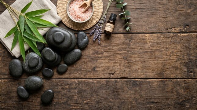Hot stone massage setup with bamboo leaves, lavender, essential oil, and pink salt on rustic wooden table