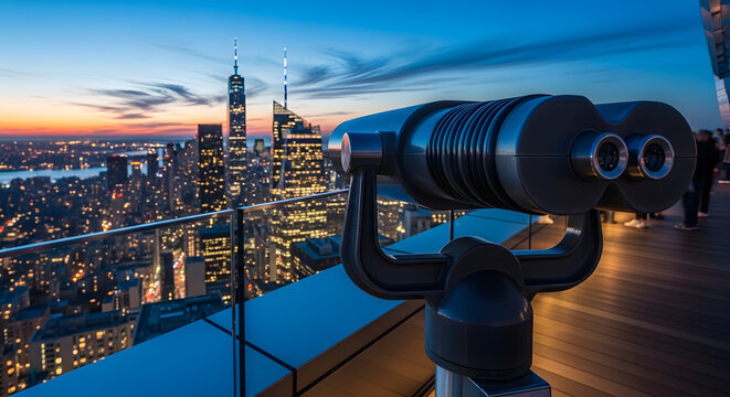 Binoculars on observation deck overlooking city skyline at dusk. Urban tourism concept with panoramic city views and evening lighting.