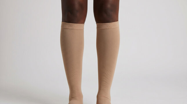 Unrecognizable Black woman wearing beige medical knee-high compression socks. Healthcare, phlebology, and varicose veins prevention concept on grey background