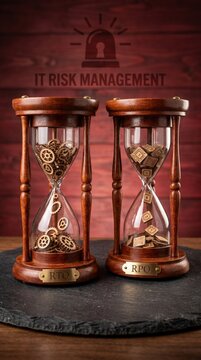 Disaster recovery metrics concept with two hourglasses representing RTO (Recovery Time Objective) and RPO (Recovery Point Objective), one filled with gears and the other with gold ingots. 9:16 vertica