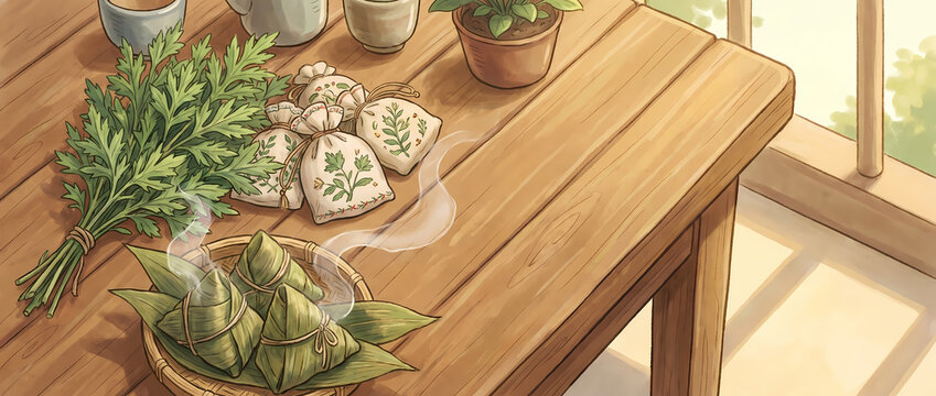 Illustration of zongzi and mugwort on a wooden table for dragon boat festival