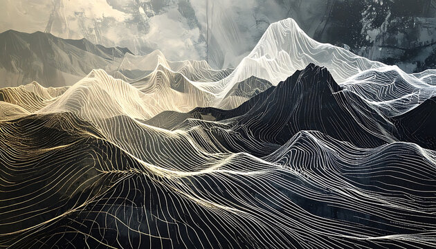Abstract digital landscape resembling mountains and valleys, illuminated by glowing particles, representing data visualization or futuristic terrain