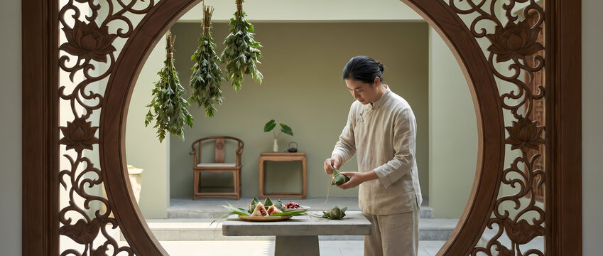 Woman preparing herbal ingredients in traditional Chinese courtyard through round window