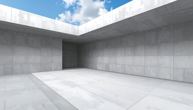 abstract architectural interior with concrete walls and ceiling opening to sky, modern geometric space