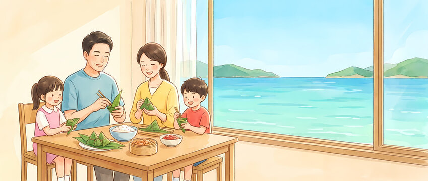 Happy family of four making zongzi by the seaside window with beautiful ocean view