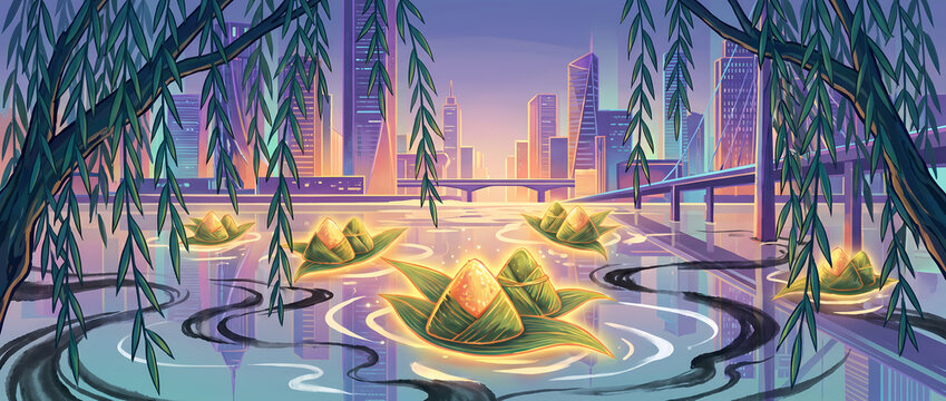 Dragon Boat Festival zongzi floating on city river with skyscrapers and willow trees