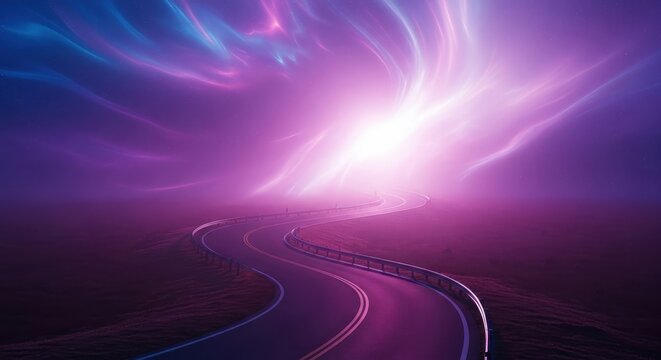 A solitary, winding road disappearing into a bright, ethereal mist, symbolizing the unavoidable trajectory of fate and the cosmic journey, future, exploration, concept