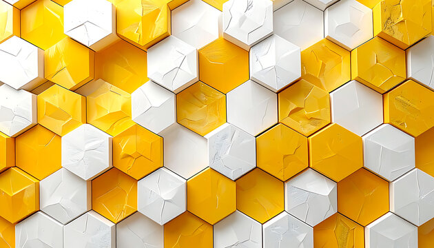 Abstract geometric pattern of yellow and white hexagons with textured surfaces and subtle sparkling details, modern background