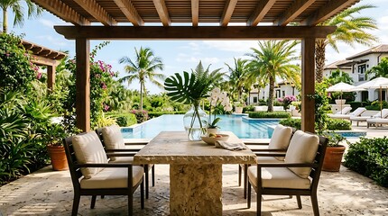 Fototapeta premium Outdoor stone table with beige cushioned chairs, poolside