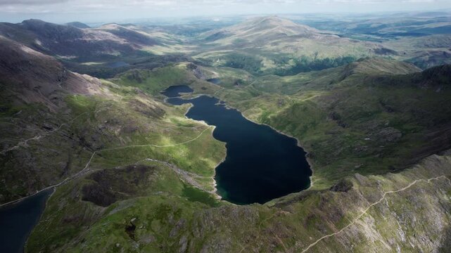 Aerial View of Mountain Lakes and Rugged Peaks in Snowdonia National Park