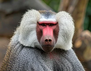 Close-up of a Hamadryas baboon looking directly at the viewer. Its face is vividly colored, and its fur is a mixture of gray and white © Kuju