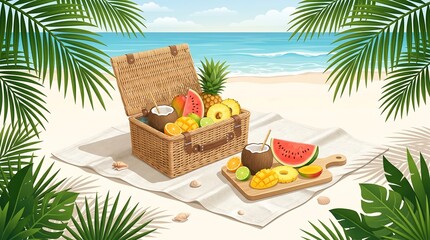 Obraz premium Summer picnic basket overflowing with fresh tropical fruits on a sandy beach with palm leaves