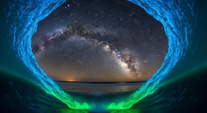 A unique view looking out from inside a glowing blue and green ocean wave barrel, framing a beautiful night sky filled with the Milky Way galaxy over the sea